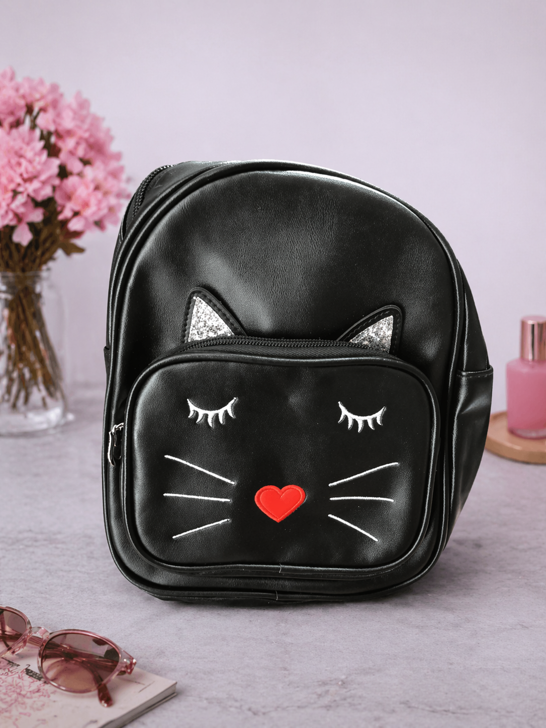 Girl's Backpack - Black with Cute Cat Whiskers