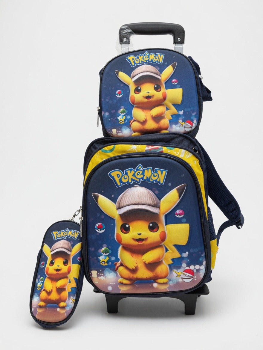 3Pcs Trolley School Bag Set - Pokemon Pikachu Design