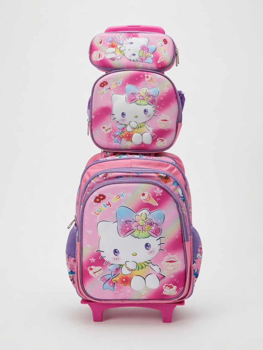 3Pcs Trolley School Bag - Smiley Kitty design