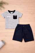 Boys 2 Pcs - Black shorts + stripped white/black tee with breast pocket