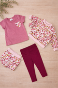 4Pcs Set - Wine themed trousers + Mauve top + Long sleeve +Shorts