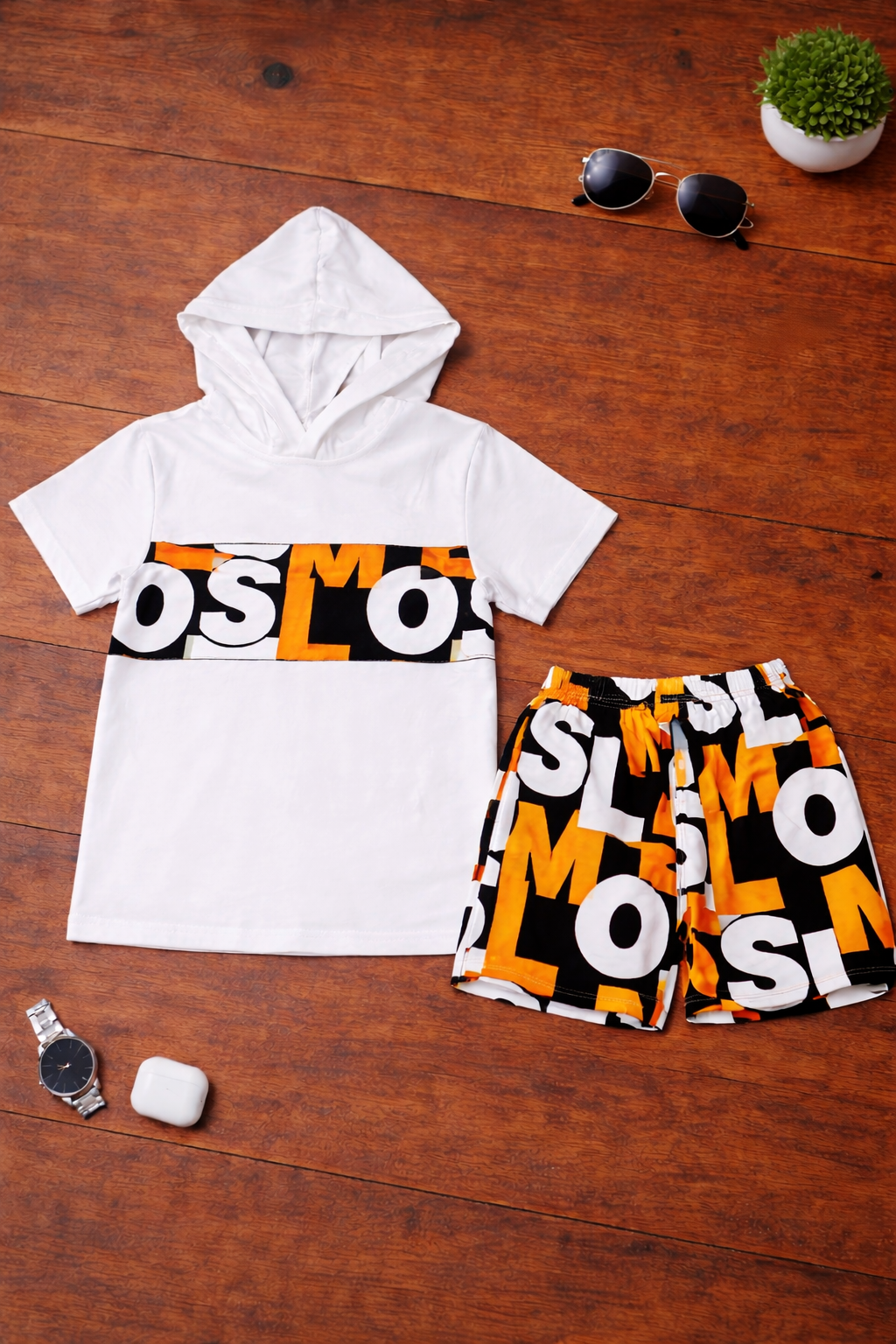 Boys 2 Pcs - White Hoodie Lettered Design + Matching Shorts