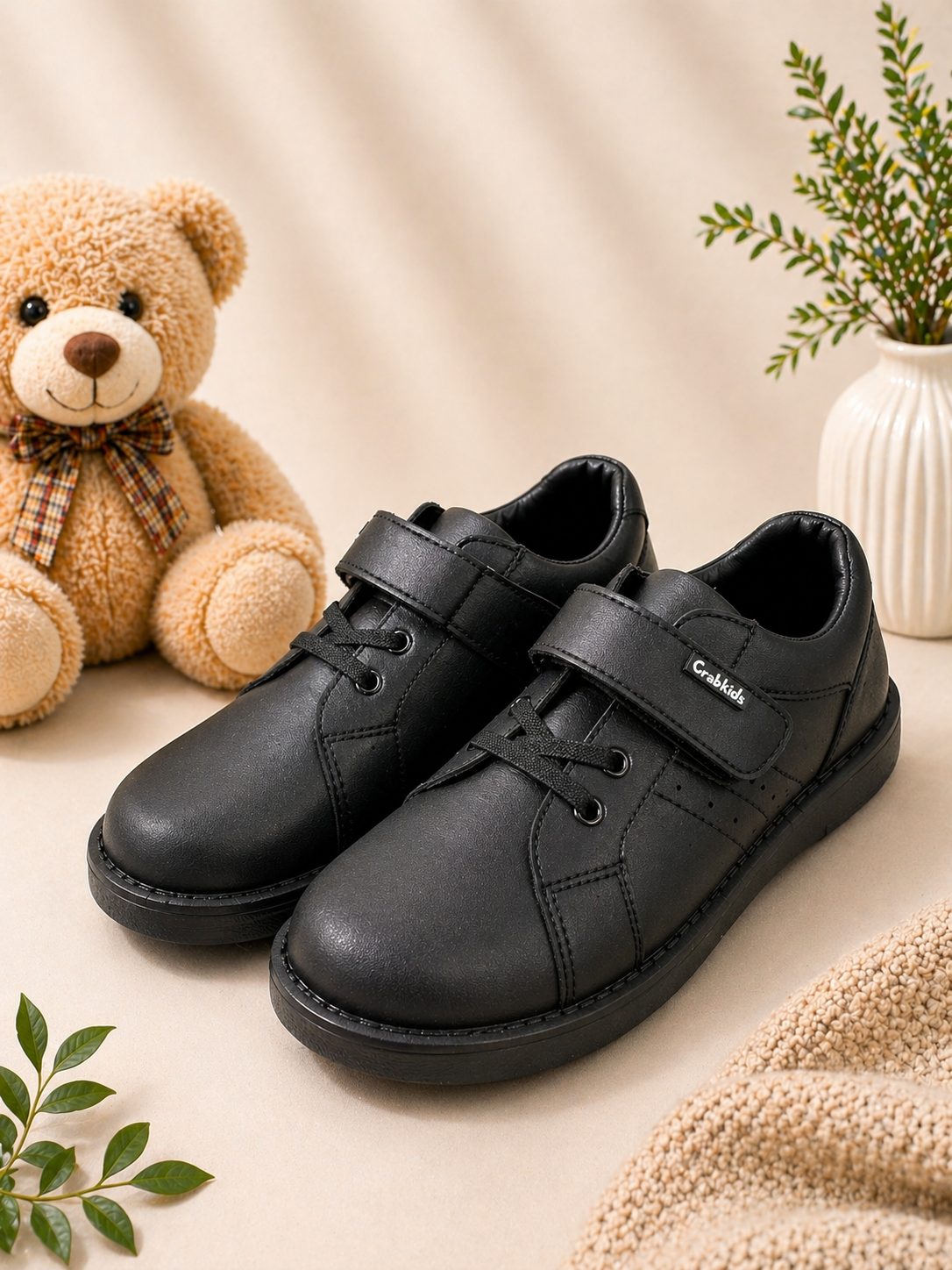 Boys Black Leather Shoes   with - Crab kids design