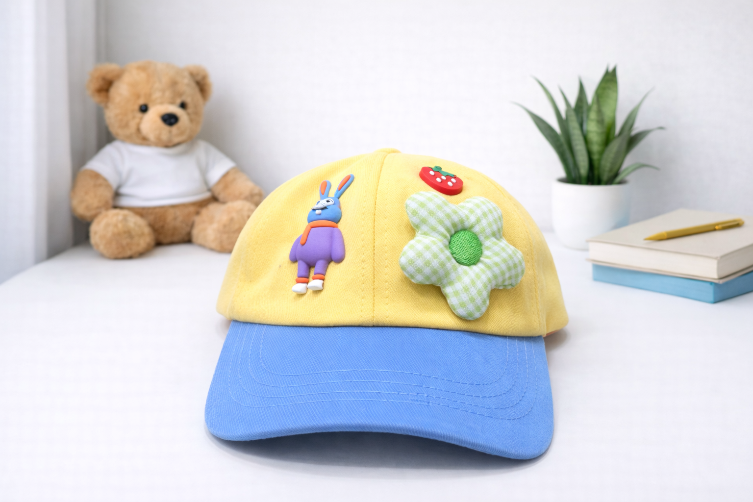 Beautiful Bunny and Flower design  Bear design Cap - (Cream and  Pink)
