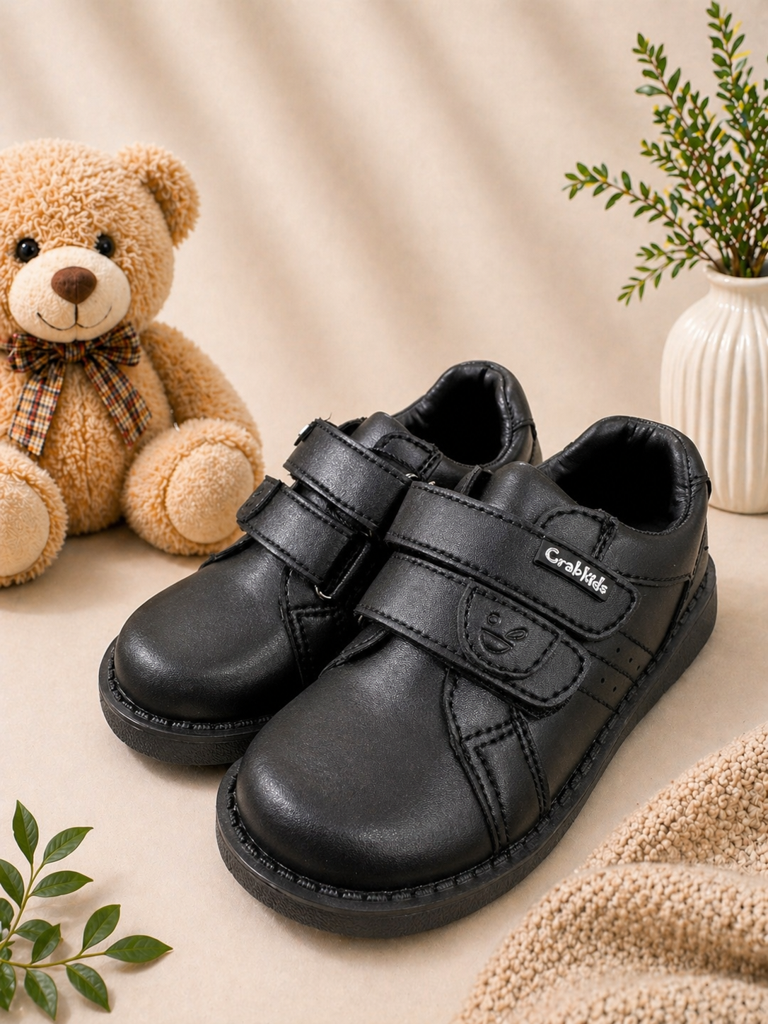 Boys Black Leather Shoes   with Strap  - Crab kids design