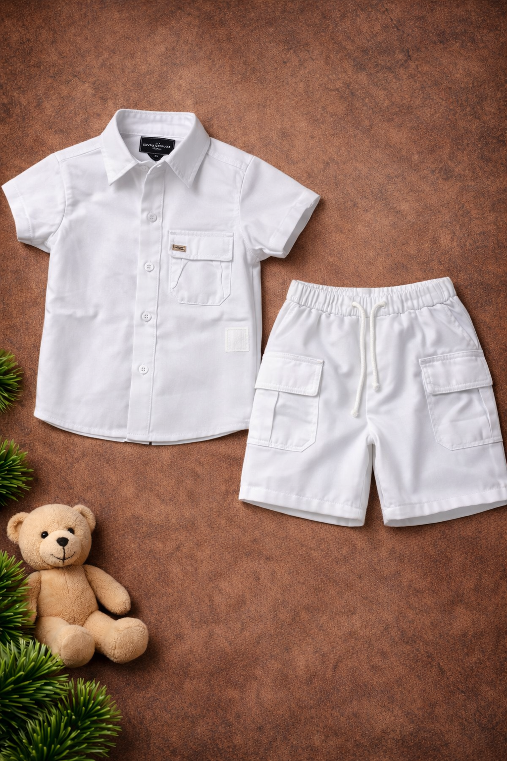 Boys 2 Pcs - All White Linen with Breast Pocket + Packer Shorts