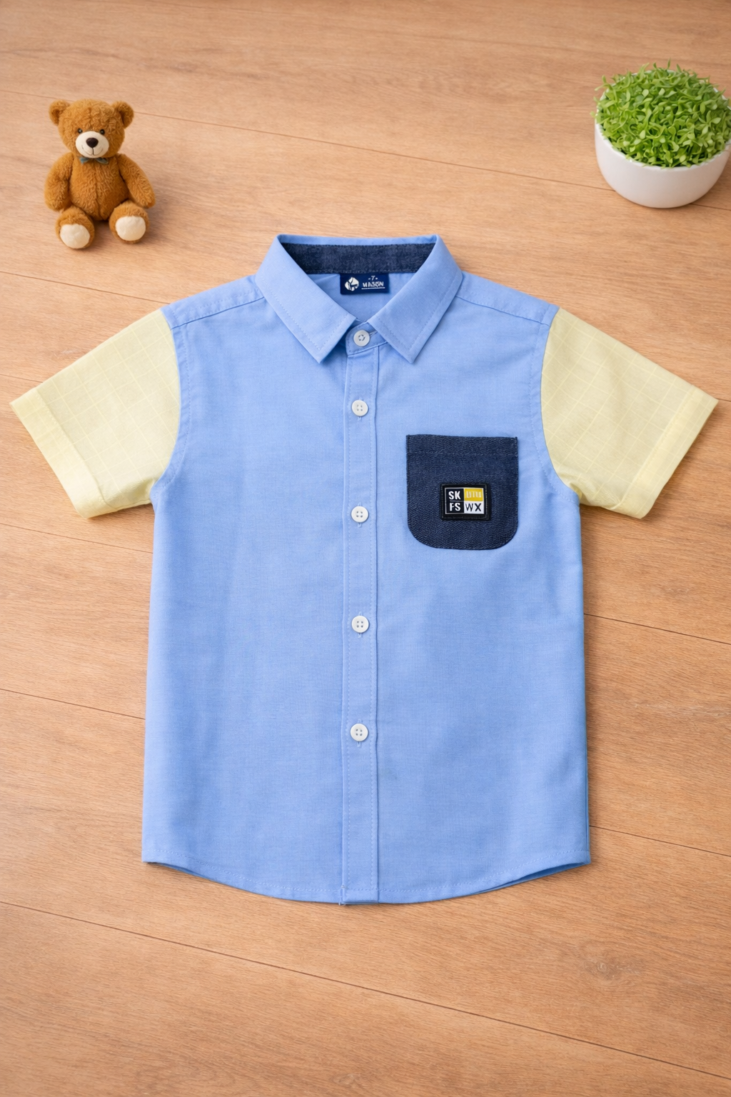 Boys Blue Shirt with Yellow Trim Short sleeve
