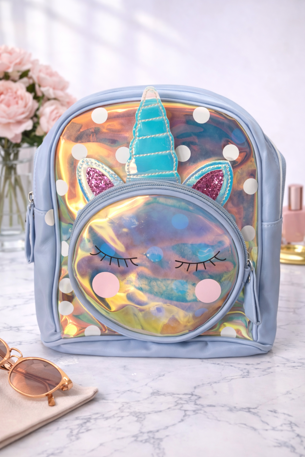 Girl's Backpack - Light Blue cute cat design