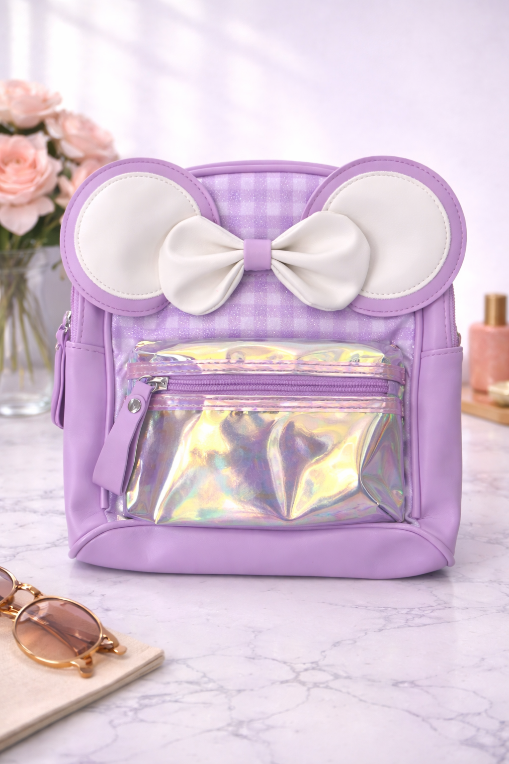 Girl's Backpack - Purple with checkered pattern and twin bow design