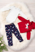 3Pcs Set - Blue flowery themed trousers + White  top + Red Horse Hoodie