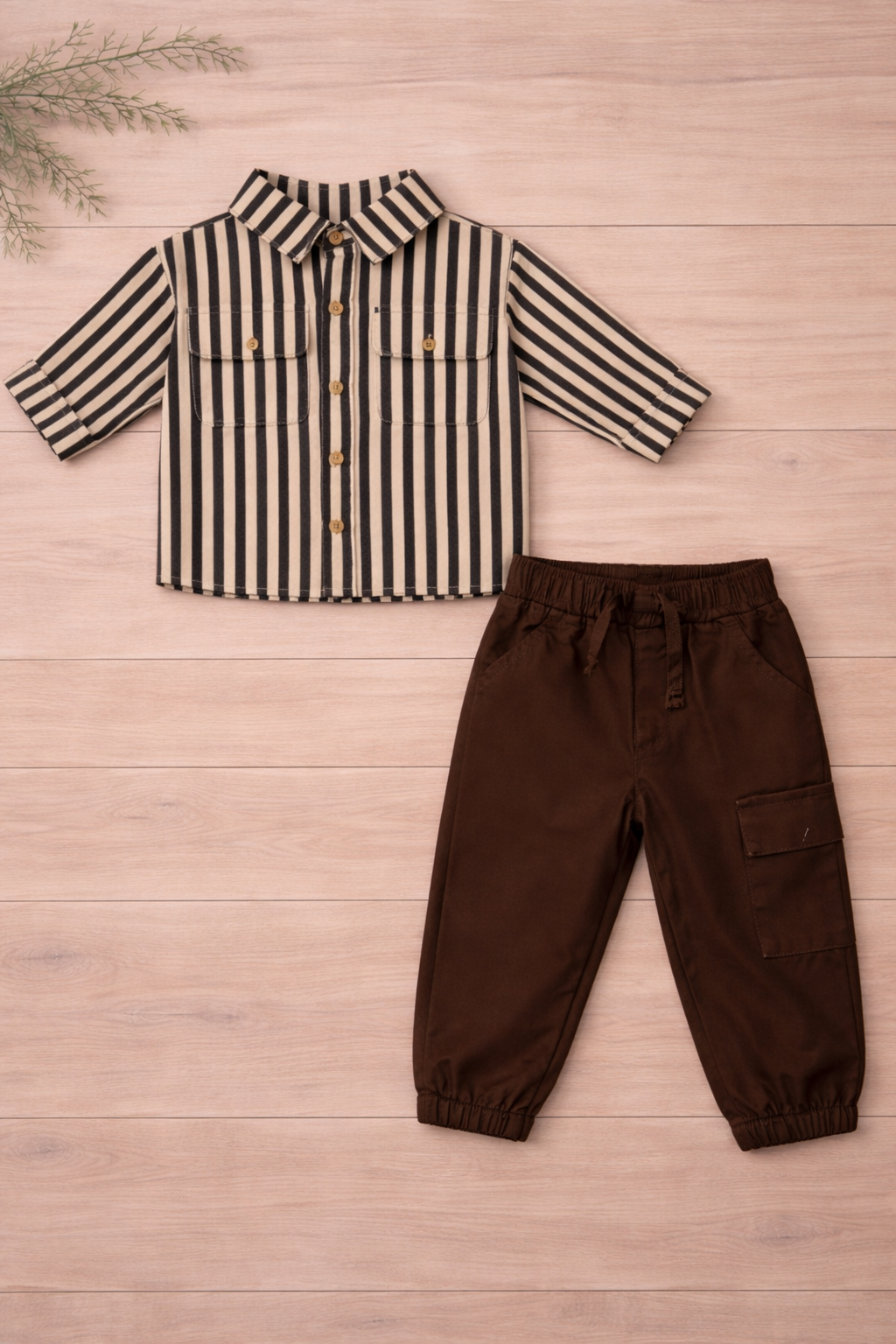 Boys 2 Pcs - Dark Brown Trousers + Stripped Shirt