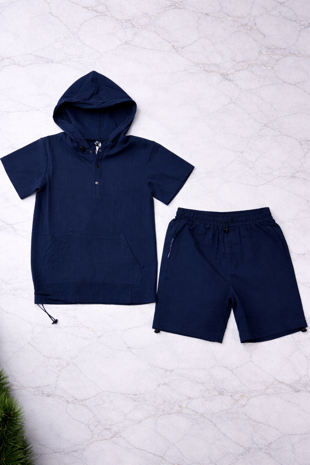 Boys 2 Pcs - Dark Blue Short Sleeve Hoodie + Shorts
