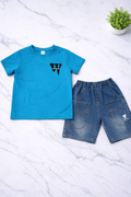 Boys 2 Pcs - Blue jeans shorts + light blue designed tee