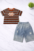 Boys 2 Pcs - Jeans shorts +Grey-Orange stripped shirt