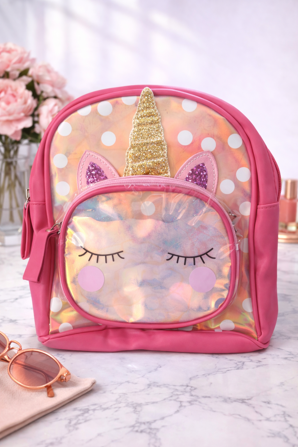 Girl's Backpack - Red with cute cat and gold design