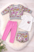 4Pcs Set - Pink themed trousers + White  top + Long sleeve flower design + Shorts