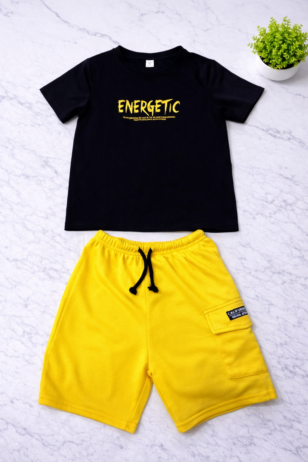 Boys Black Tee with Yellow Shorts - Energetic Design