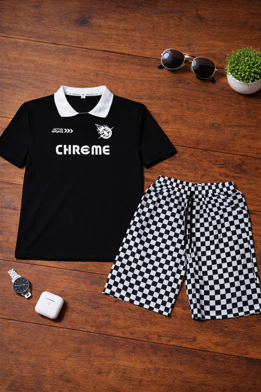Boys 2 Pcs - Checkered Shorts + Black Sleeveless