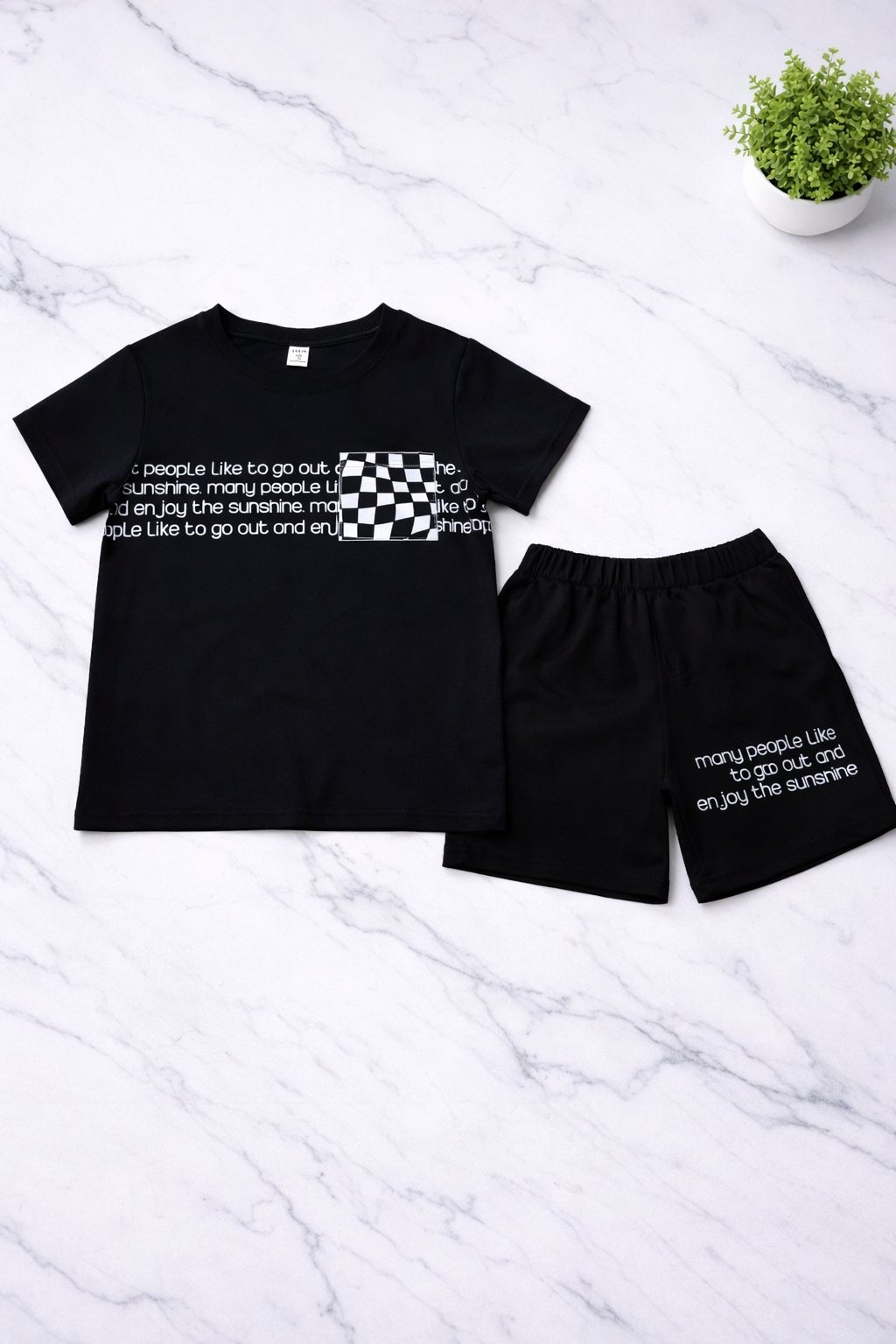 Boys 2 Pcs - All Black shorts + tee with print design
