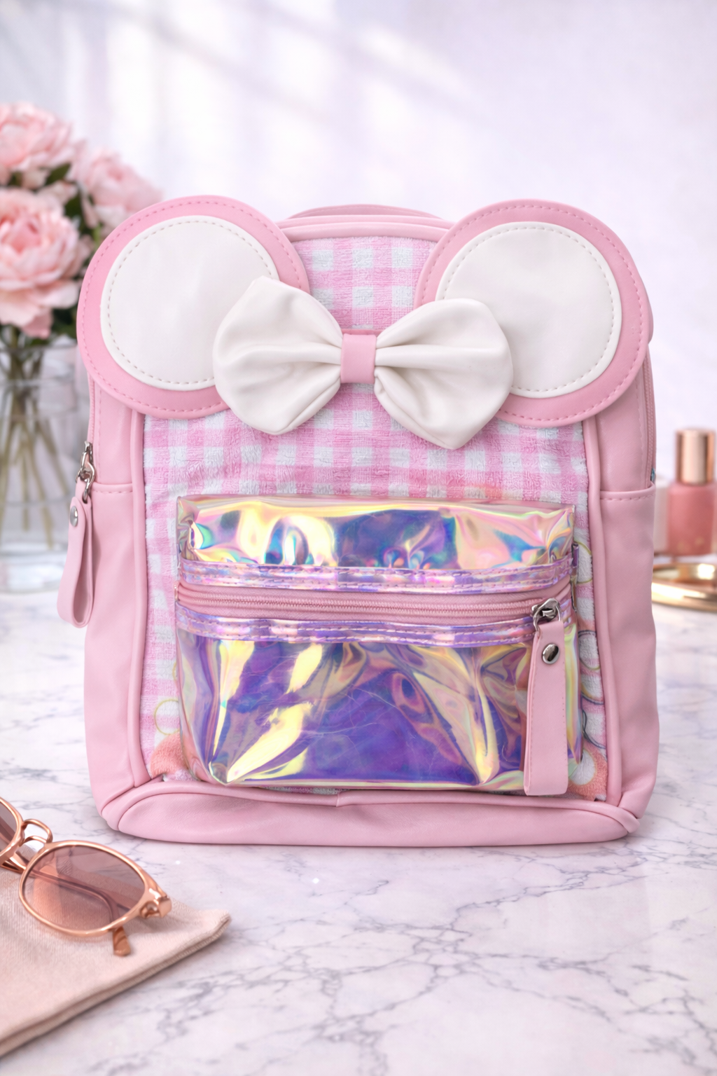Girl's Backpack - Light Pink, Checkered with twin bow design