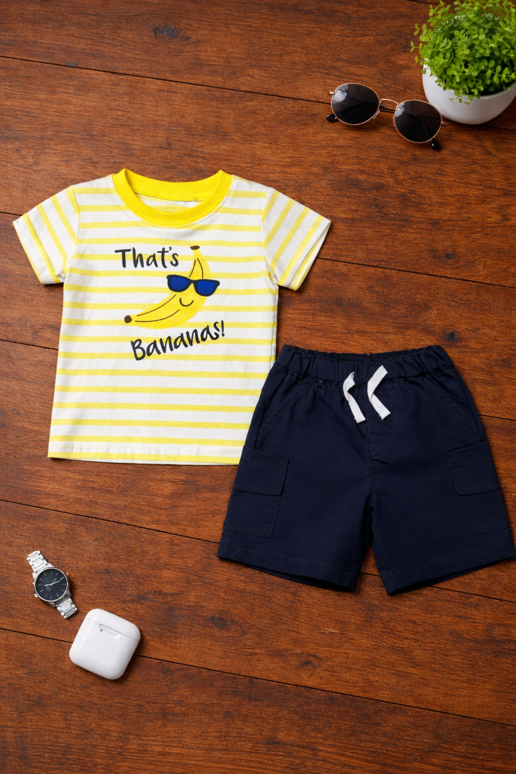Boys 2 Pcs - Black Shorts + Yellow Banana Theme design Tee