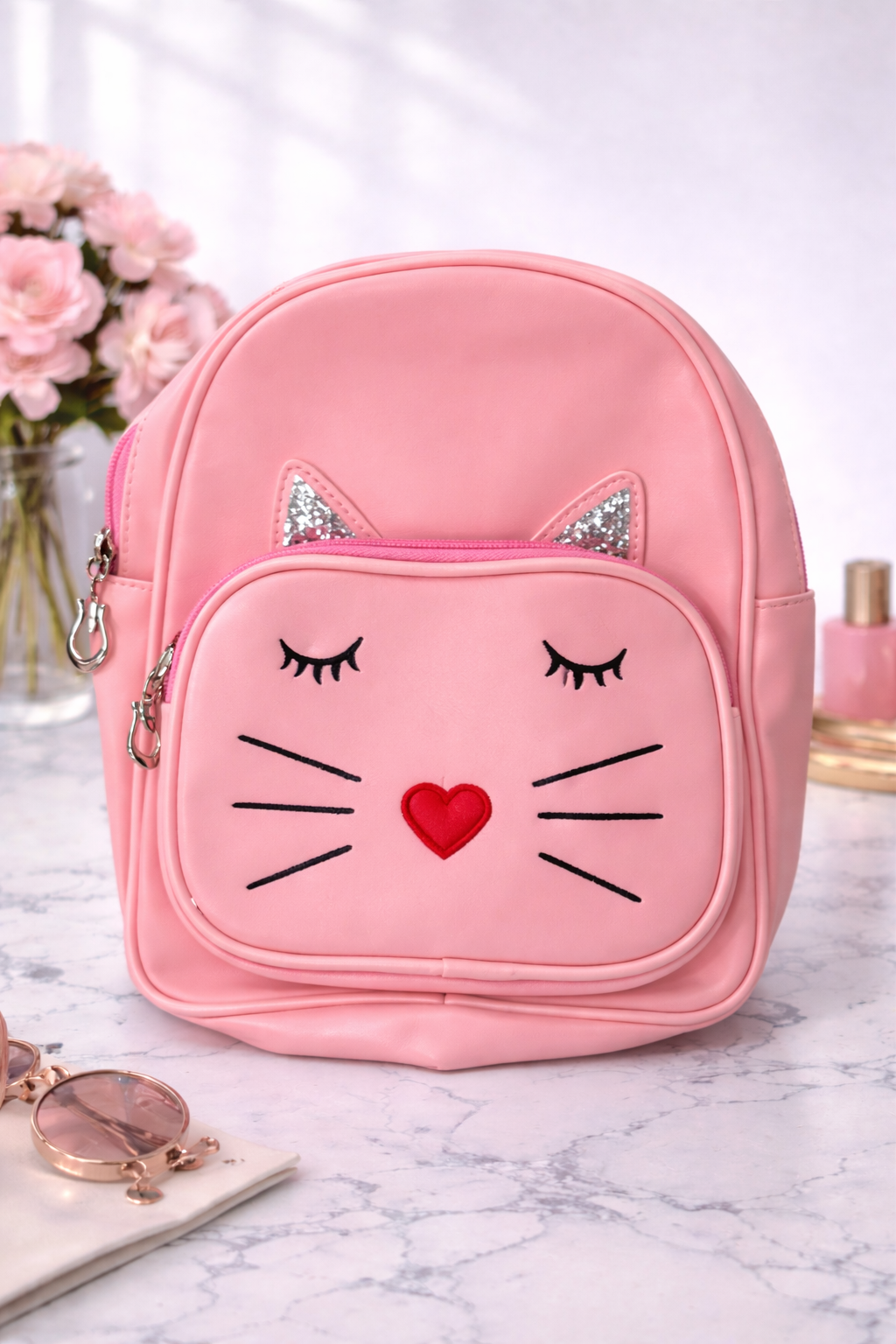 Girl's Backpack - Pink with cute cat whiskers design