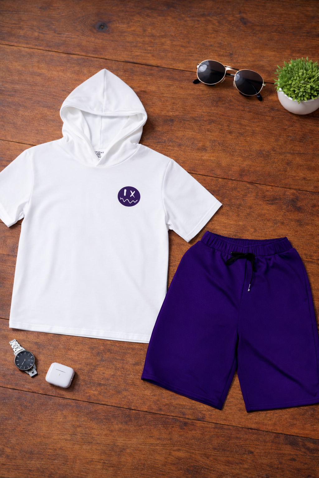 Boys 2 Pcs - White Short Sleeve Hoodie + Blue Shorts
