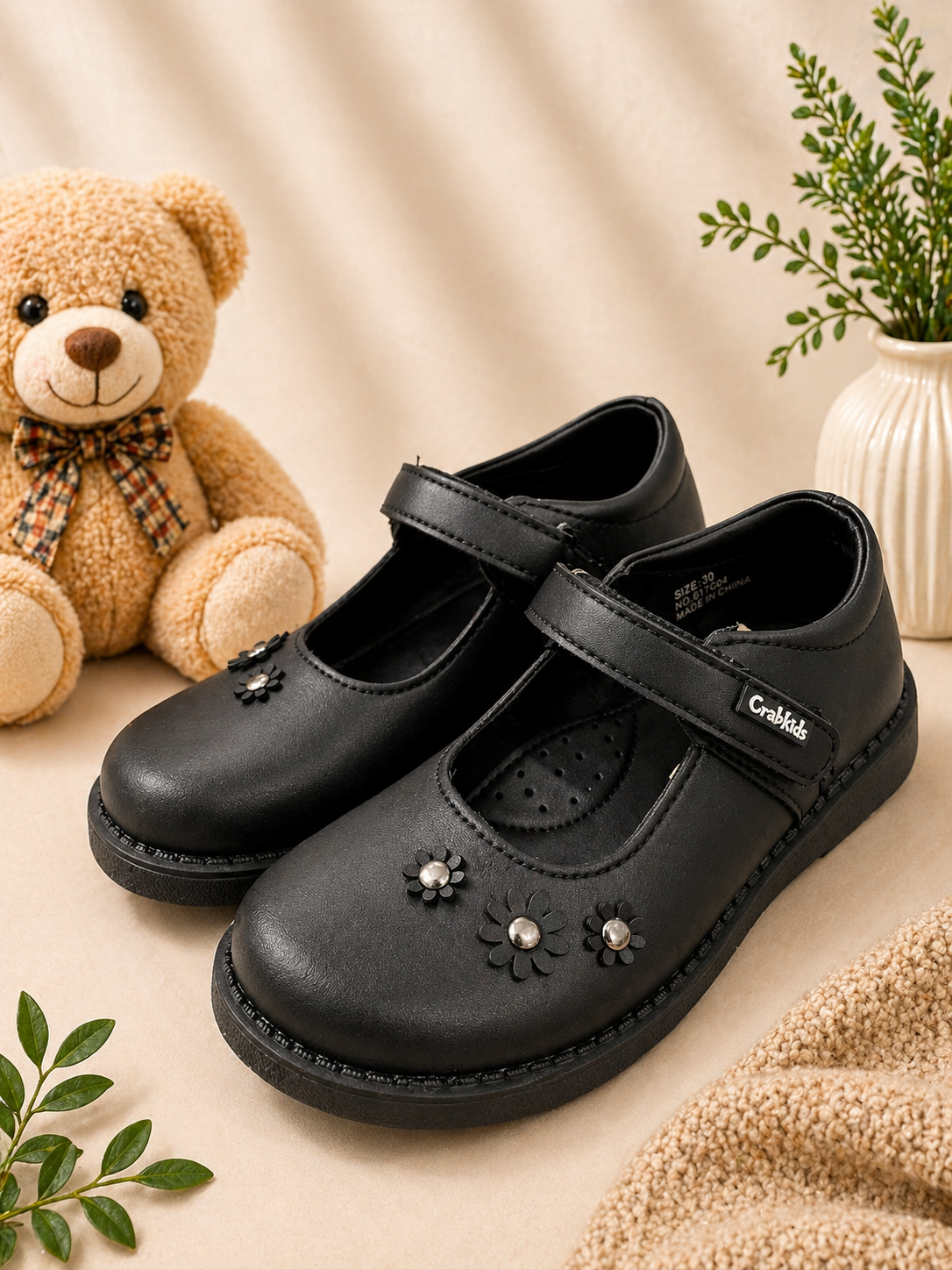 Girls Black Leather Sandals  with - Crab  Kids Design