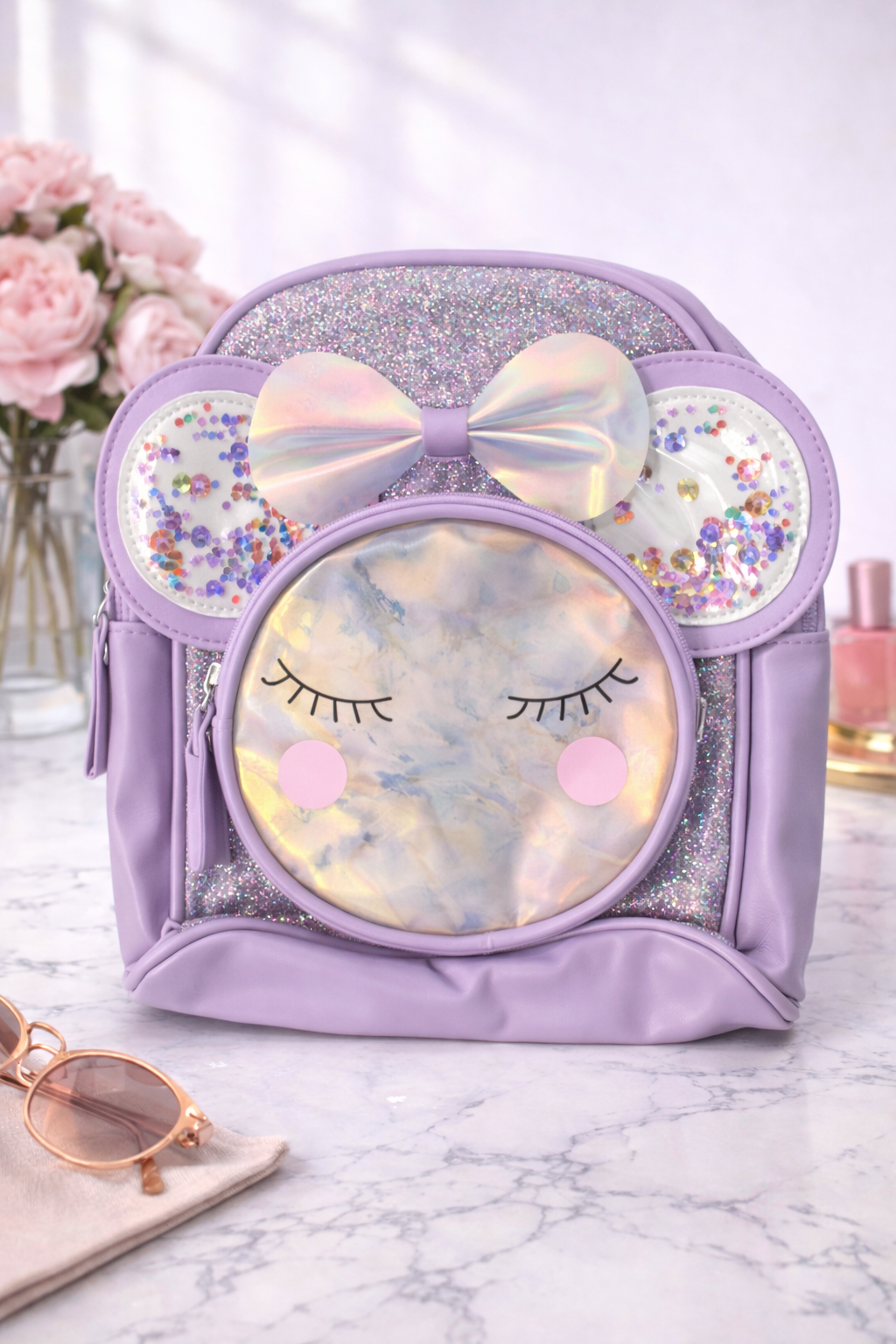 Girl's Backpack - Purple with glossy bow design