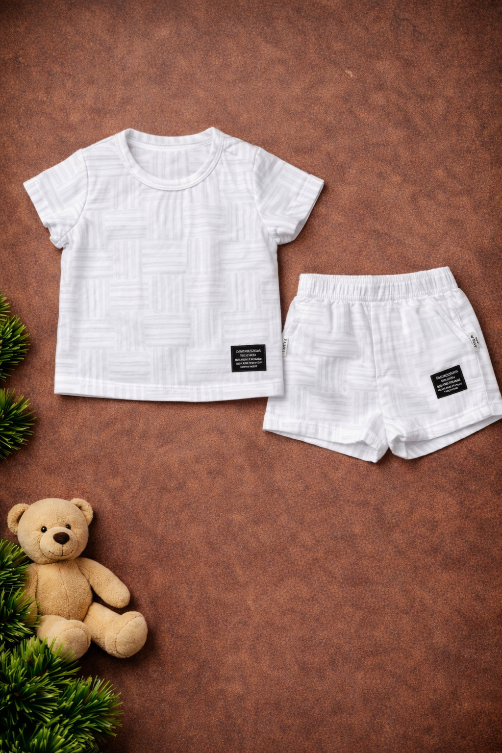 Boys 2 Pcs - All white straight pattern Linen Shorts + tee