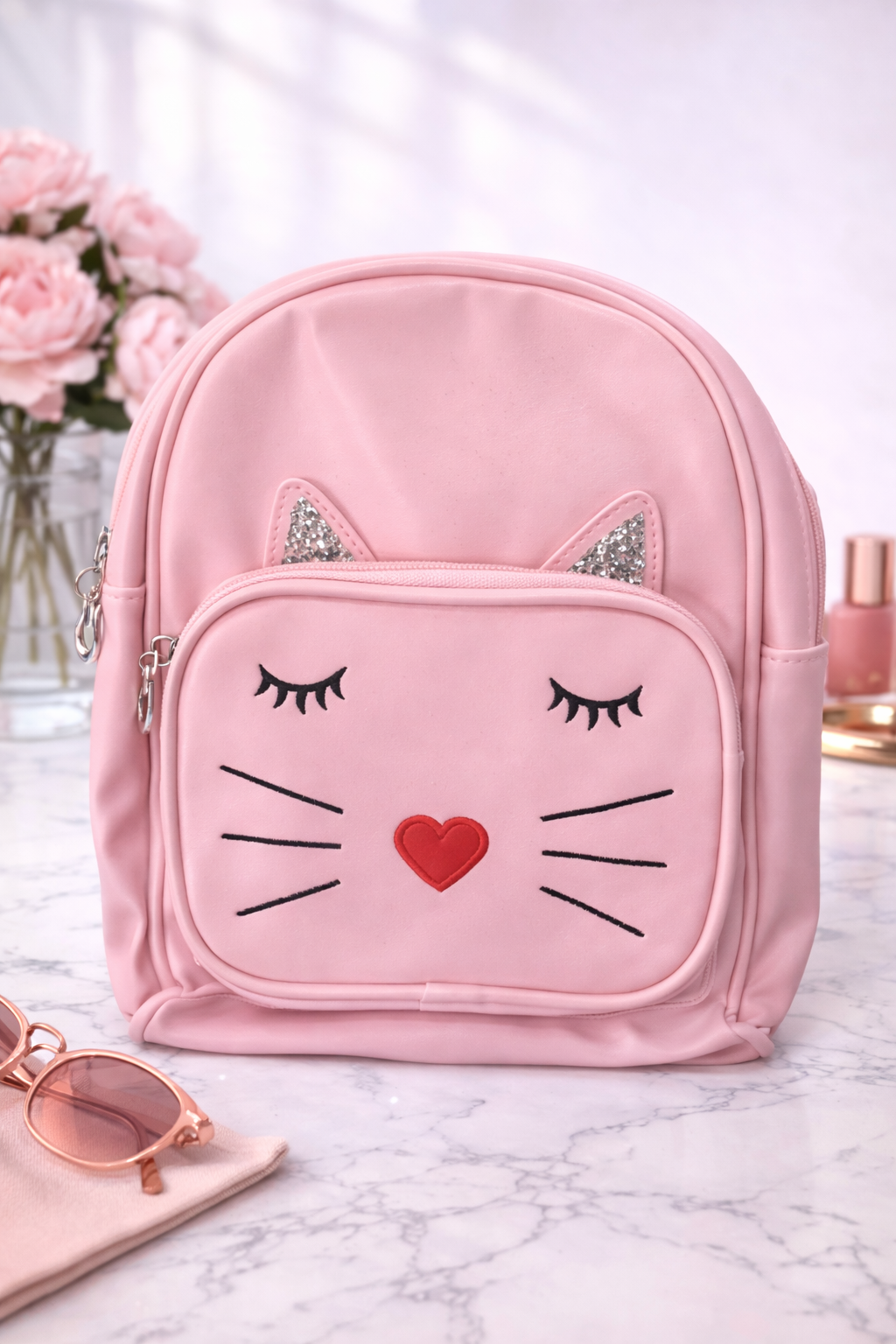 Girl's Backpack - Light Pink with Cute cat whiskers design