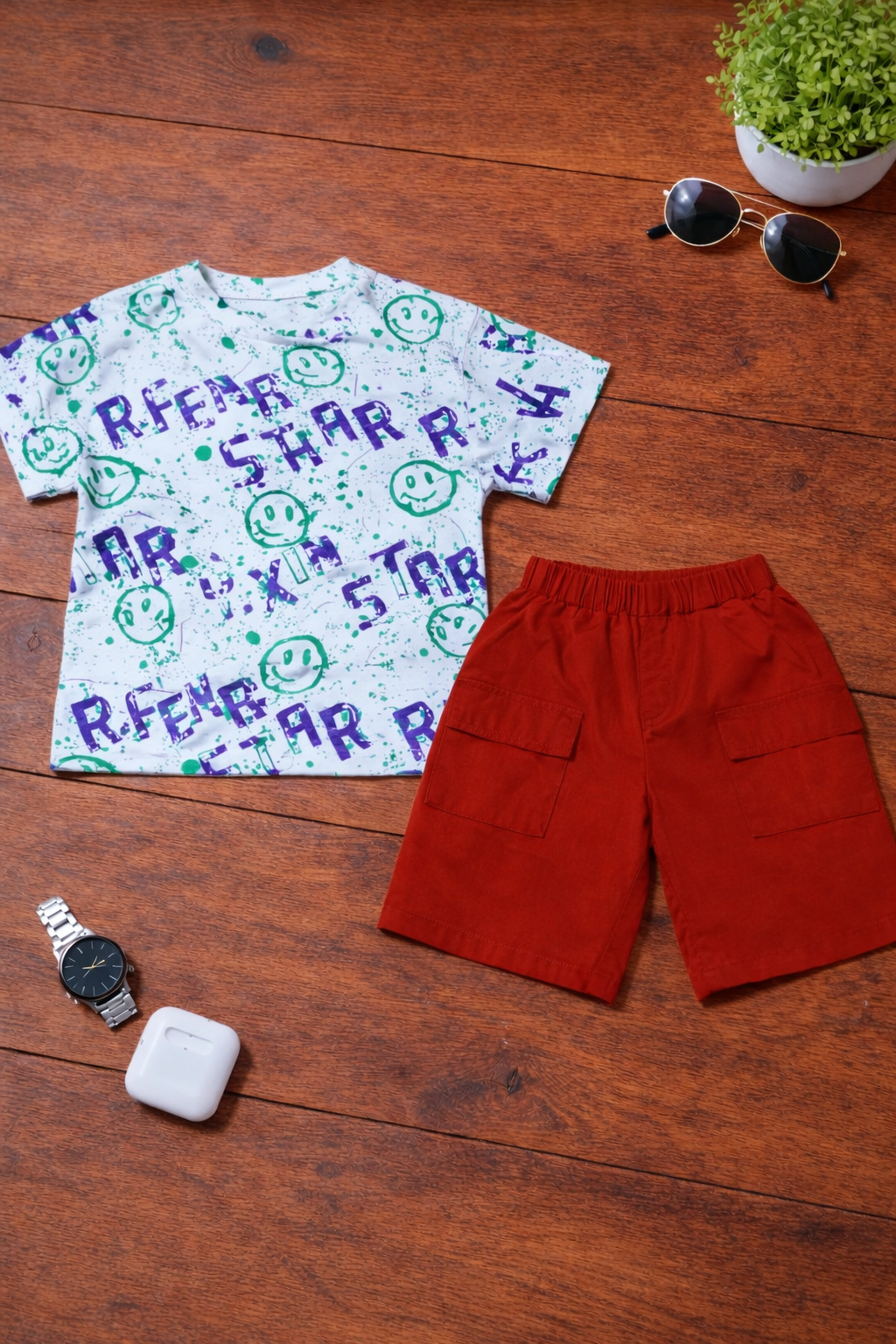 Boys 2 Pcs - Red shorts + Smiley design tee