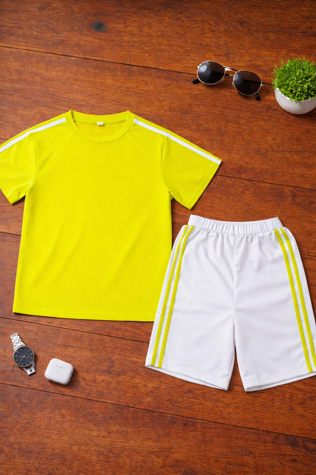Boys 2 Pcs - Yellow Tee with Shoulder Strip  + Silk White Shorts