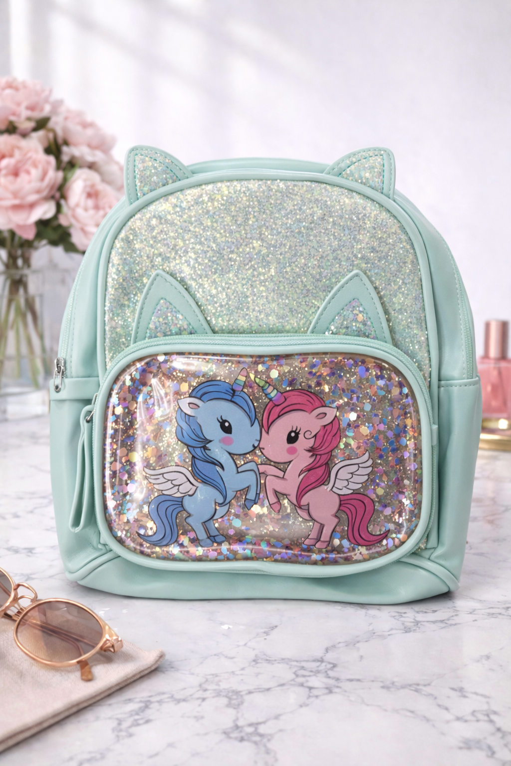 Girl's Backpack - Light Green with 2 Flying horse design