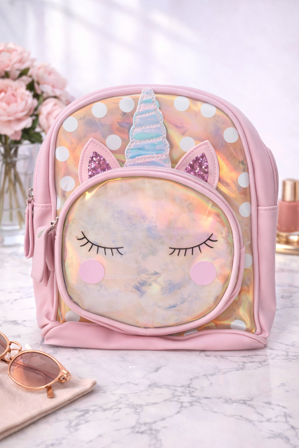 Girl's Backpack - Light Pink cat with gold design