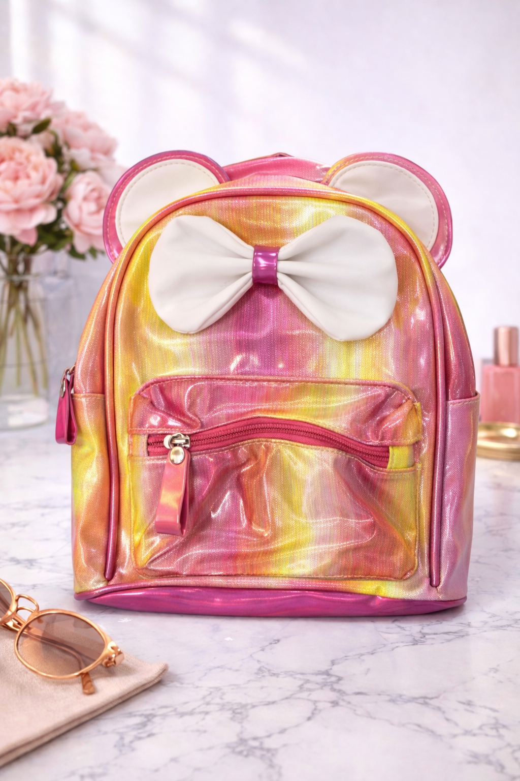 Girl's Backpack - Pink rainbow gloss with twin bow design