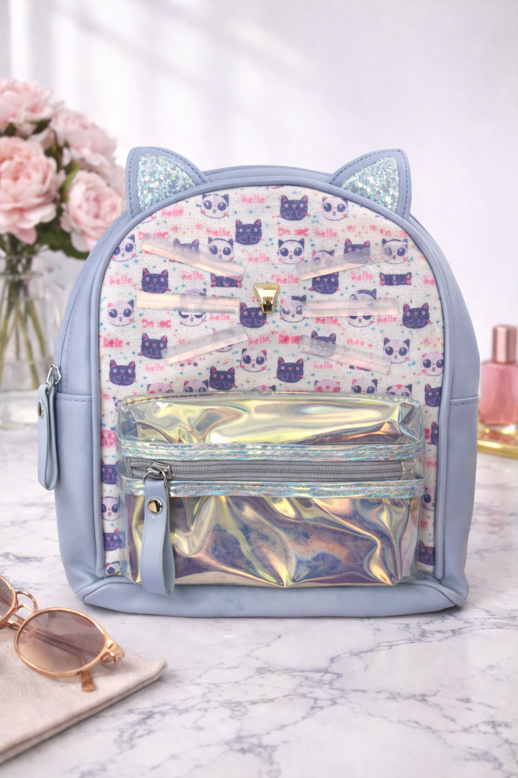 Girl's Backpack - Light Blue Smiley Cat Whiskers design