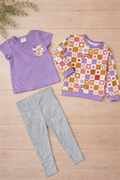 3Pcs Set - Grey themed Pants + Purple top + Purple Long sleeve