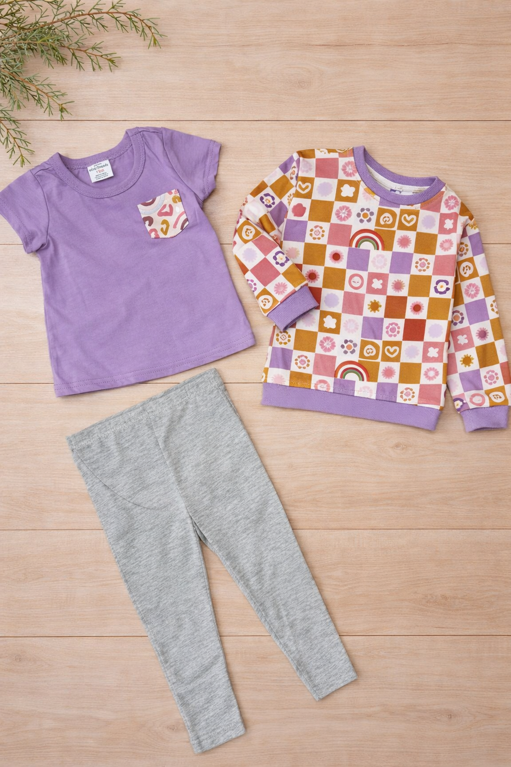 3Pcs Set - Grey themed Pants + Purple top + Purple Long sleeve