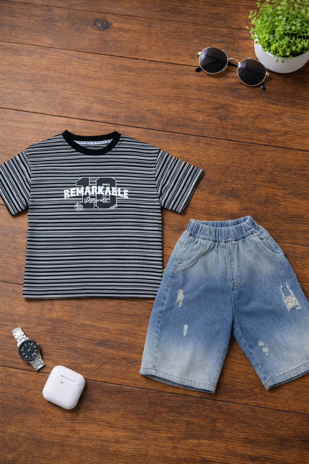 Boys 2 Pcs - Jeans shorts + Black stripped tee