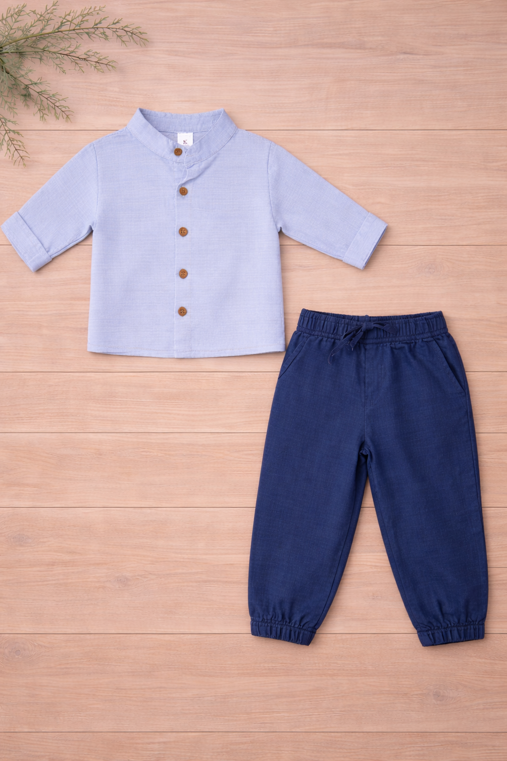 New Born 2Pcs - Blue Jogger Pants + Light Blue Chinese Neck Shirt