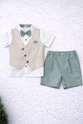 Boys 2 Pcs - Green short + white shirt, green bow tie & waist coat all knitted