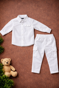 Boys 2 Pcs - Off White Long sleeve + Side pocket Trousers