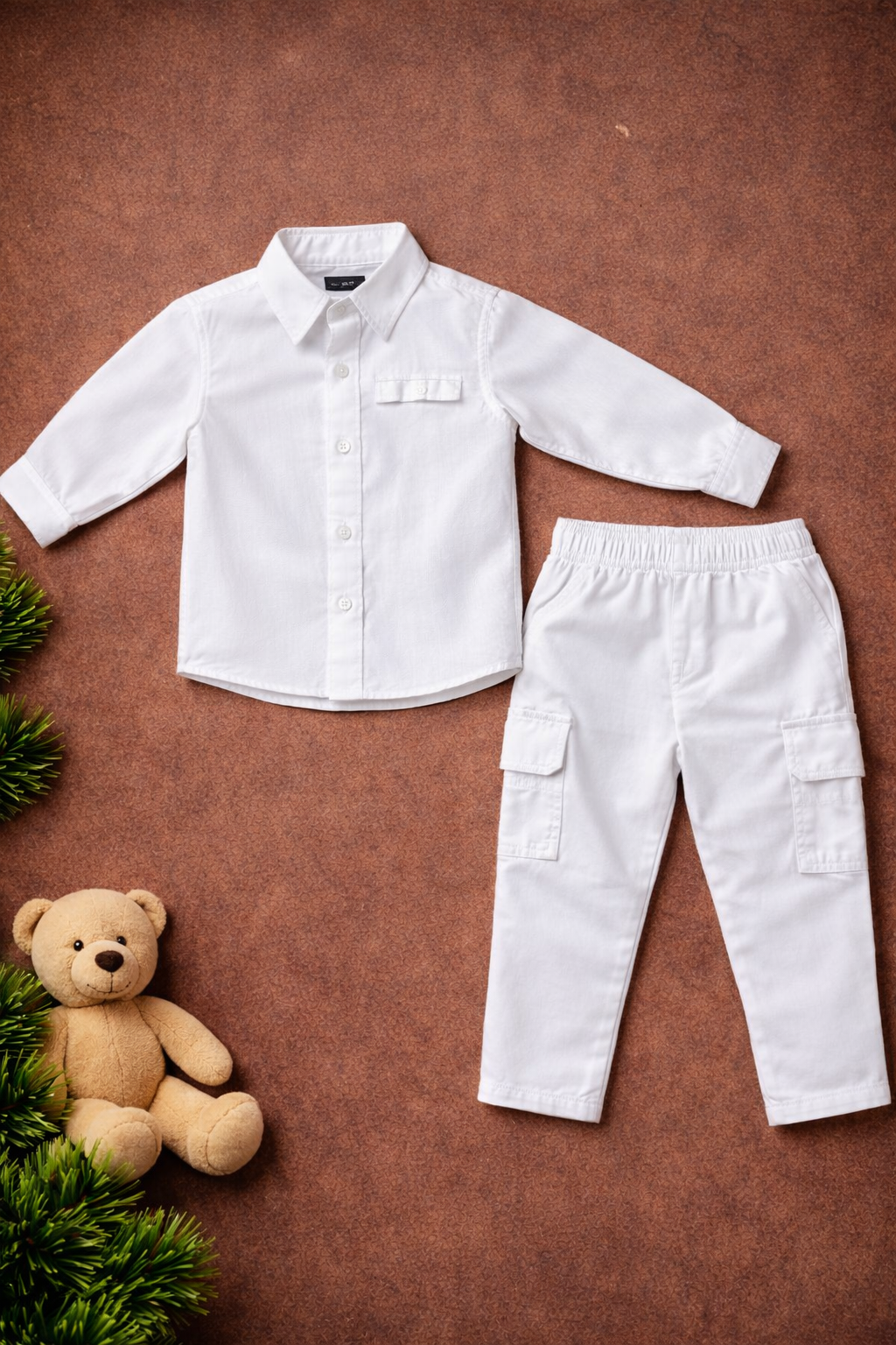 Boys 2 Pcs - Off White Long sleeve + Side pocket Trousers