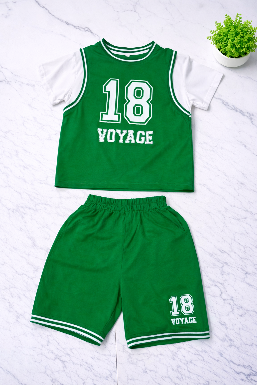 Boys 2 Pcs - Green/White Short Sleeve Jersey