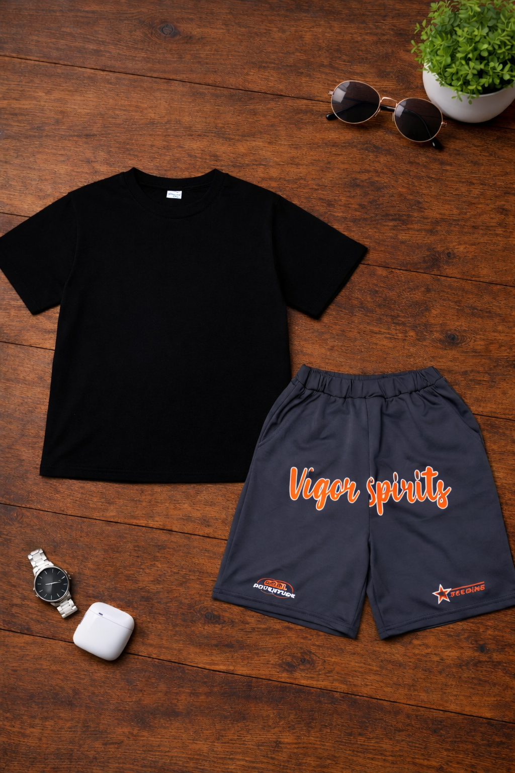 Boys 2 Pcs - Grey Shorts with Lovely design  + Black Tee