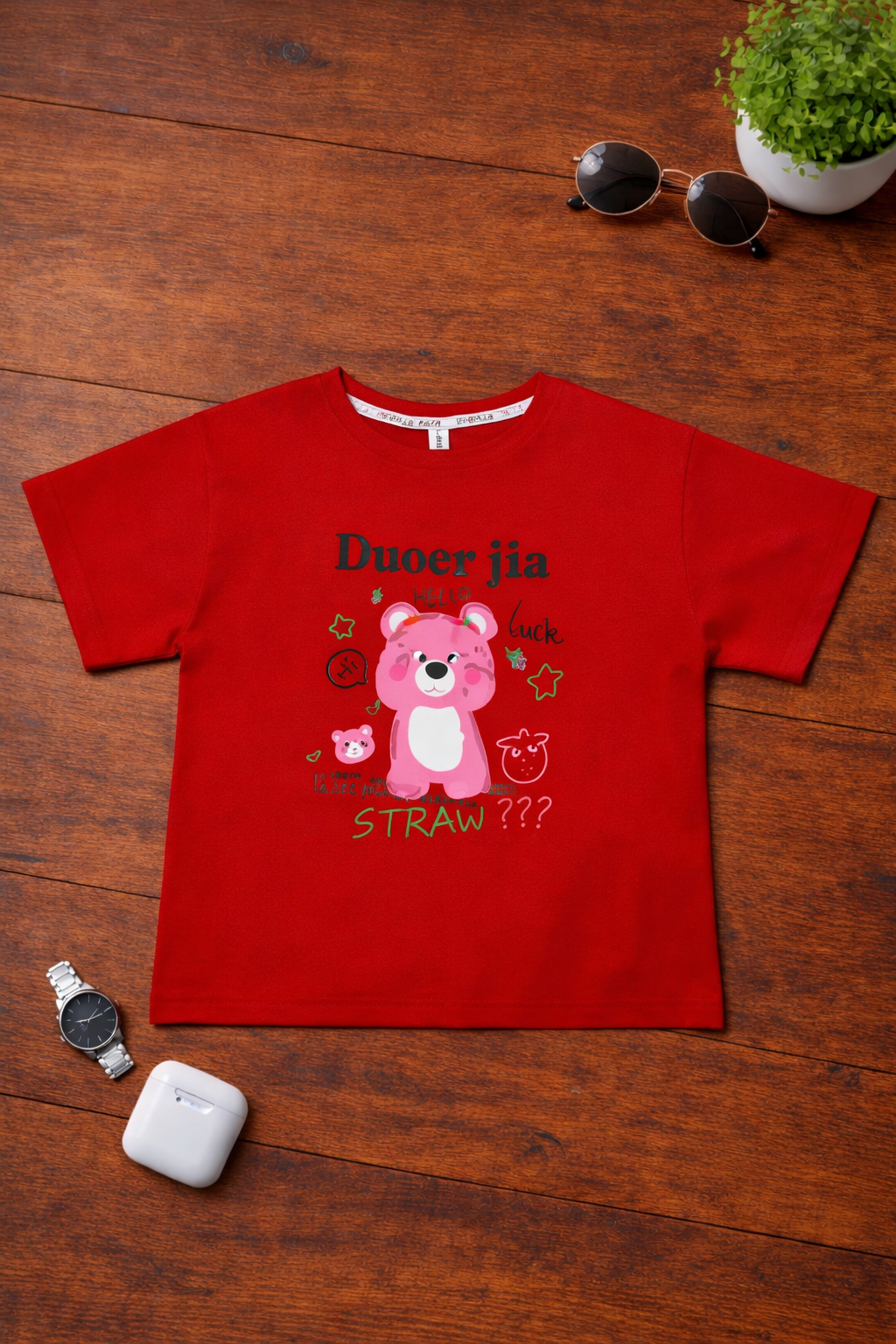 Boys Red Tee with Pink Panda design
