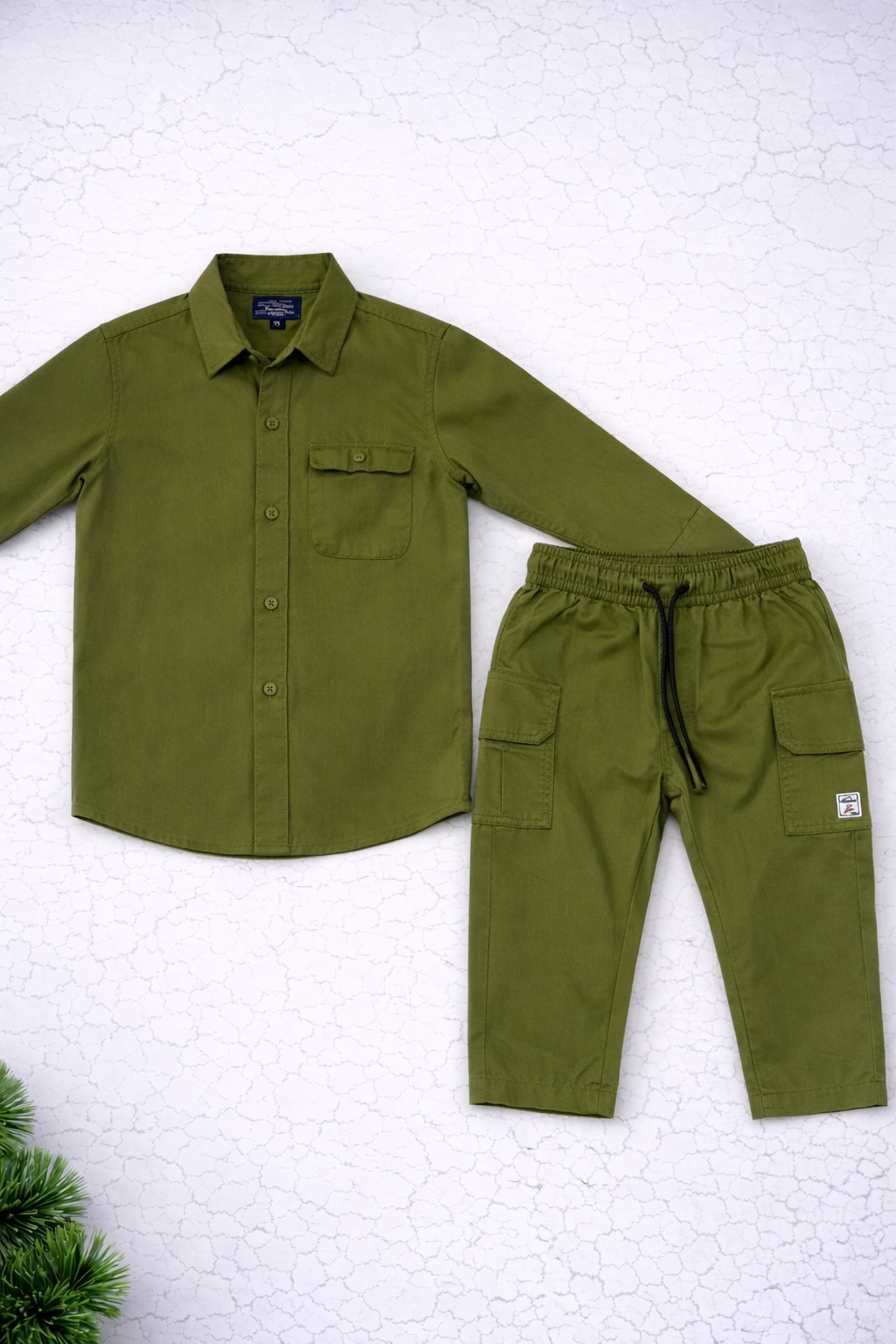 Boys 2 Pcs - Green Packer Trousers + Long sleeve shirt