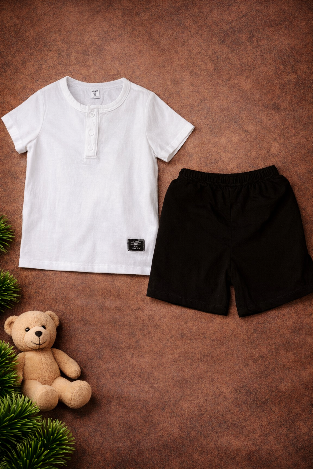 Boys 2 Pcs - White Linen Tee with Green Shorts