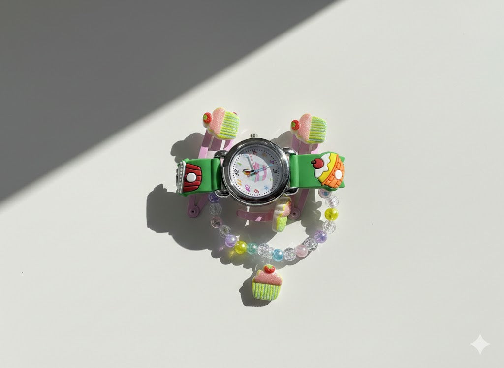 Girls Watches - Green Strap with One Flowery Bangle